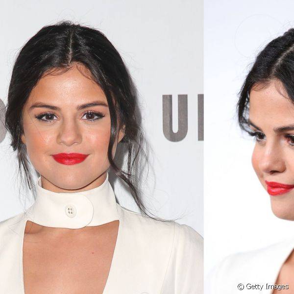 Selena Gomez conseguiu um resultado deslumbrante com uma make bastante cl?ssica: batom vermelho e um delineado gatinho bem discreto